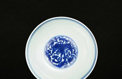 A blue and white 'phoenix' shallow bowl, Mark and period of Wanli
