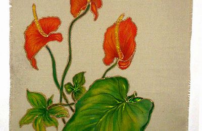 Tableau fleurs d'anthurium peint sur toile de jute