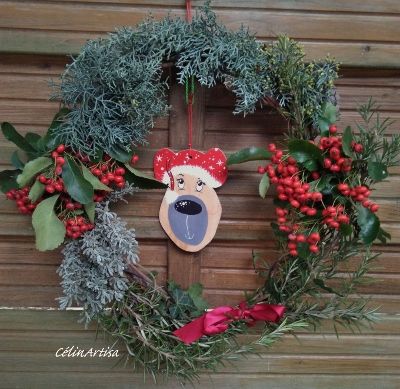 couronne de l'Avent végétale, suspension bois découpé peint main