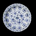 A magnificent and extremely rare blue and white barbed dish, Yongle period