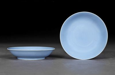 A rare pair of small clair de lune-glazed dishes, Yongzheng six-character mark within double-squares and of the period (1723-1735)