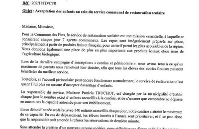 Courrier de M. le Maire - Acceptation des enfants à la cantine - 10/10/2018