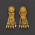 Gold earrings with disk and boat-shaped pendant, East Greek, Hellenistic, ca. 300 BCE