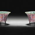 A pair of pink-ground famille-rose jardinières, Qing dynasty, Qianlong period