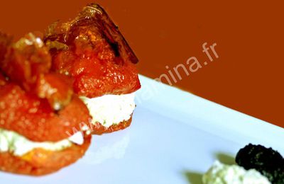 Tomates mozarella  revisitées à la ricotta, au pesto et à la tapenade