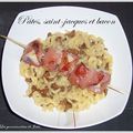 Pâtes façon risotto, brochettes de Saint-Jacques au bacon