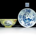 A rare pair of yellow-ground famille rose 'medallion' bowls, Daoguang seal marks in underglaze blue and of the period (1821-1850