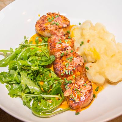 Pétoncles Grillés, Beurre de Carotte,Pommes de Terre crémeuses au Parmesan, Émietté de Pancetta et Roquette