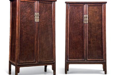 A rare pair of nanmu and burlwood round-courner cabinets, 18th century