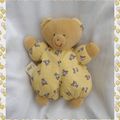 Doudou Peluche Ours Marron Corps Tissu Jaune Imprimé Ourson Histoire D'ours