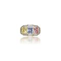 A three-stone coloured rectangular-cut diamond ring, by Bulgari