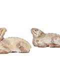 A pair of painted baked mud figures of mythical beasts, Yuan-Ming dynasty (1279-1644)