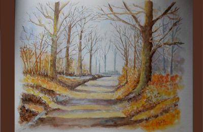 Aquarelle : un chemin en sous-bois en hiver