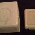 Le savon de Marseille. 600 grammes a 4, 39 € ou 150 grammes 1, 75 €.