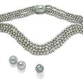 A grey cultured pearl and diamond necklace and ear clips, ear clips signed Buccellati; and a grey mother-of-pearl ring