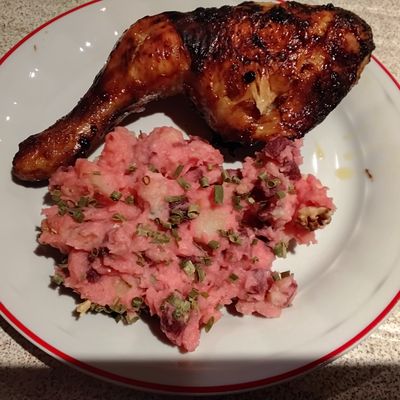 Potée à la betteraves et fromage de chèvre et poulet rôti 