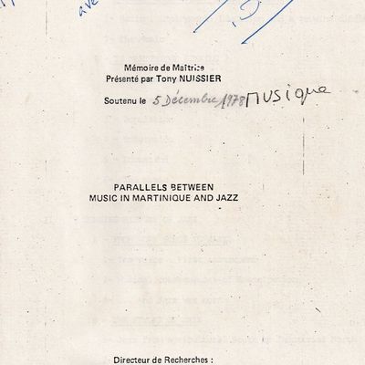 "Parallèles entre la musique de Martinique et le jazz" de Tony Nuissier