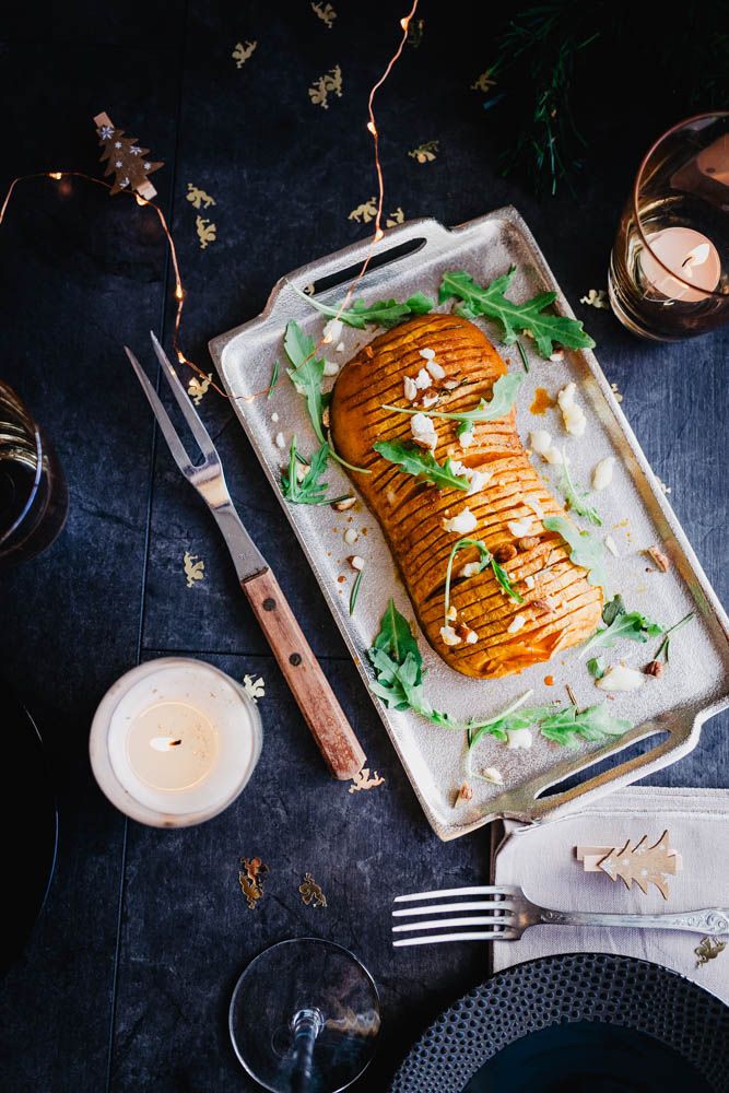 courge butternut rotie, au four, façon hasselback, miel, noel, feta, romarin, noisettes, facile, automne