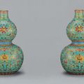 A very fine and extremely rare pair of famille rose turquoise-ground double-gourd vases, Jiaqing sealmarks and of the period