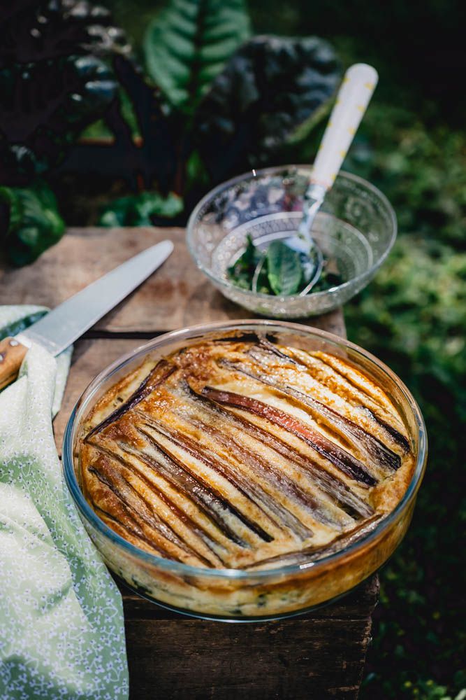 clafoutis salé, bettes à cardes, sans gluten, cotes de blettes, blettes, recette estivale