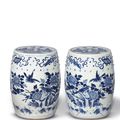 A pair of blue and white garden stools, late Qing dynasty