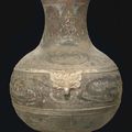 A large painted grey pottery pear-shaped jar and cover, hu, Western Han dynasty, late 2nd-early 1st century BC