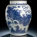 A large blue and white kirin and phoenix jar, 17th century