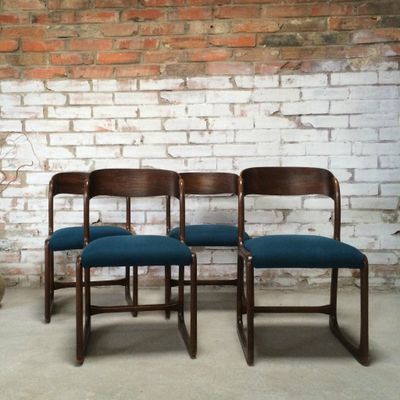4 chaises Baumann modèle traineau en palisssandre bleu pétrole