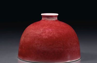 A superb peachbloom-glazed water pot, taibai zun, Kangxi six-character mark in underglaze blue and of the period (1662-1722)