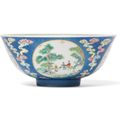 A fine famille rose blue-sgraffiato-ground 'medallion' bowl, Daoguang seal mark and of the period (1821-1850)