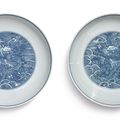 A pair of blue and white 'dragon' dishes, Qianlong seal marks and period (1736-1795)