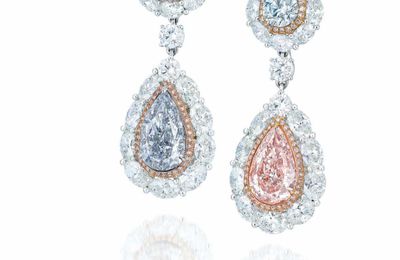 An important pair of light blue and light pink diamond and diamond ear pendants