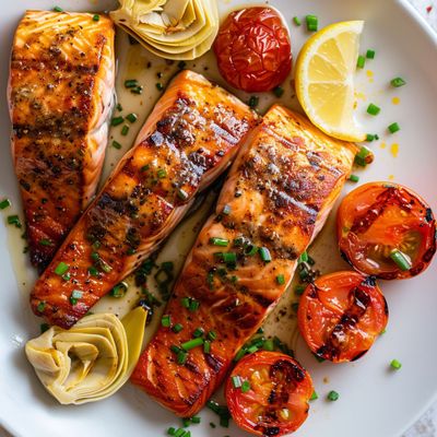 Saumon Grillé Tomates Artichauts : Un Plat Marin Croustillant et Ensoleillé