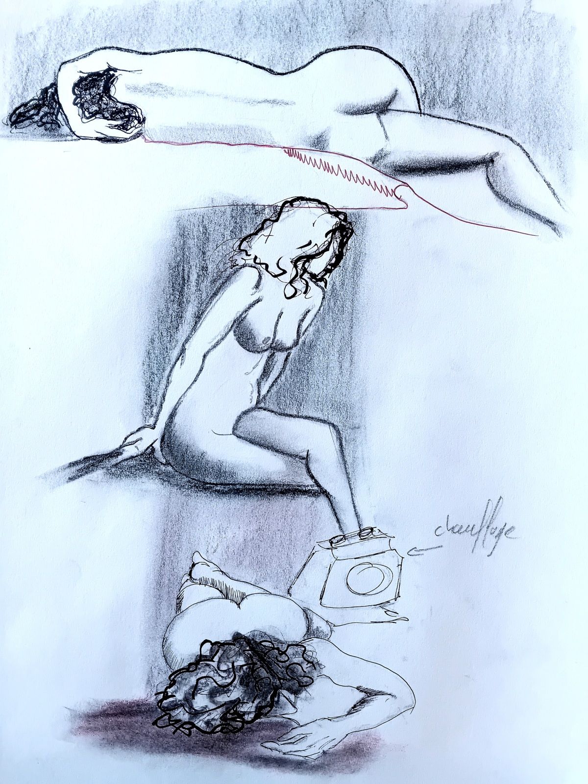 Croquis modèle vivant. Crayon et fusain teinté 
