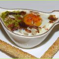 Oeufs Cocotte sur Mousseline de Petits Pois aux Amandes et Dattes