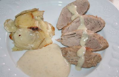Filet mignon de porc, sauce à la Fourme d’Ambert et son petit gratin de pommes de terre