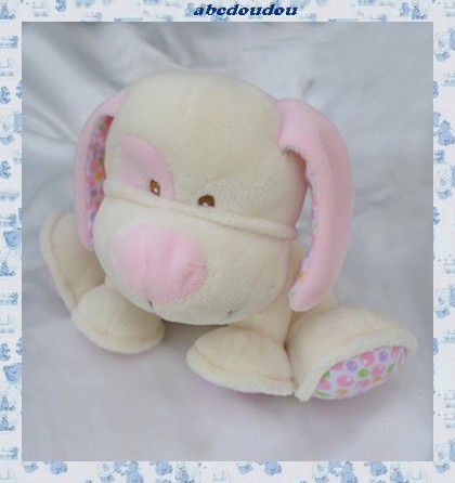 Doudou Peluche Chien Assis Blanc Et Rose Motif Bulles Grelot Gipsy