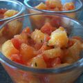 **Salade Tardive De Melon A La Tomate Et Au Basilic En Verrine Et Crevettes**