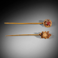 Two corundum and opal inlaid gold hair pins, Ming dynasty (1368 - 1644)