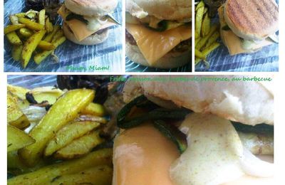 Barbecue-burger aux courgettes grillées et curry, frites maison aux herbes de Provence