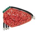 Antique Silver, Carved Coral, Pearl, Black Enamel and Green Onyx Bead Brooch