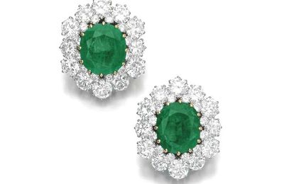 Pair of emerald and diamond ear clips, Bulgari