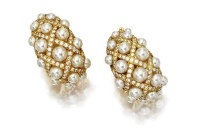 Pair of cultured pearl and diamond earclips, Chanel