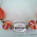 Collier perles en verre et feuille d'argent orange et crystal