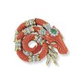 A coral, diamond and emerald brooch, by David Webb