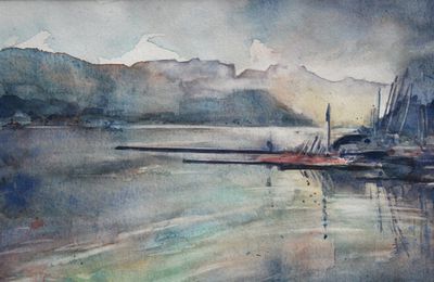 Aquarelles du lac d'Annecy, paysages de marine en Haute-Savoie, aquarelle de la Tournette, port d'Annecy