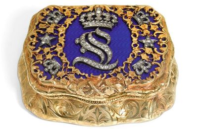 A jewelled gold and enamel presentation box, probably Hanau, circa 1880