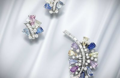 Sapphire and diamond brooch and pair of ear clips, Oscar Heyman & Brothers, 1950s