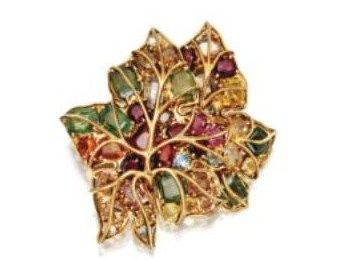 18 karat gold and colored stone 'Leaf' brooch. Verdura, circa 1940