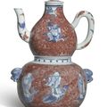 An underglaze-blue and copper-red double-gourd 'Immortals' wine ewer, warmer and cover, Qing dynasty, 18th-early 19th century